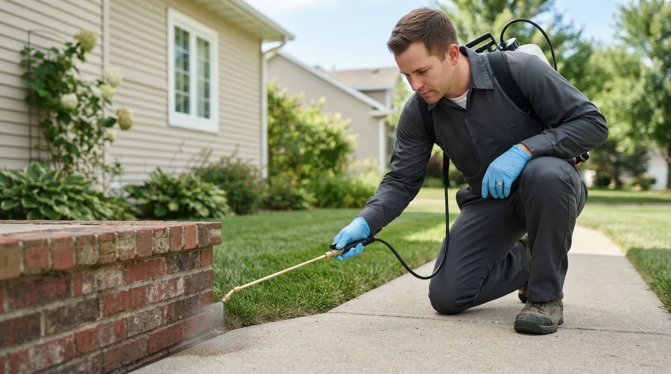 Pest control technician treating a home near Belmont, MA