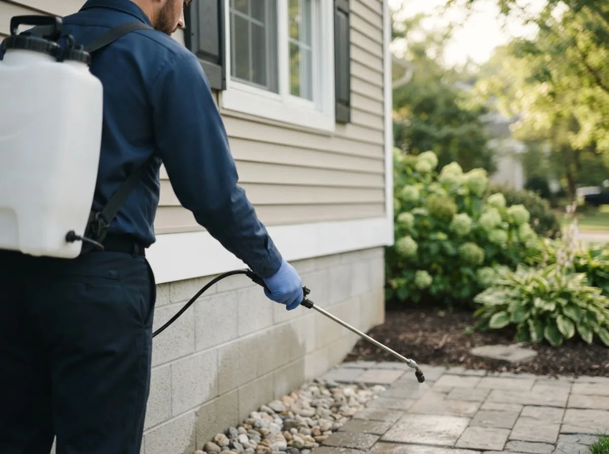 Pest control technician inspecting a home in Belmont, MA